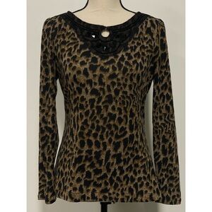 East 5th Leopard Print Top w/ Beaded Embellishments Brown & Black Petite Size PS